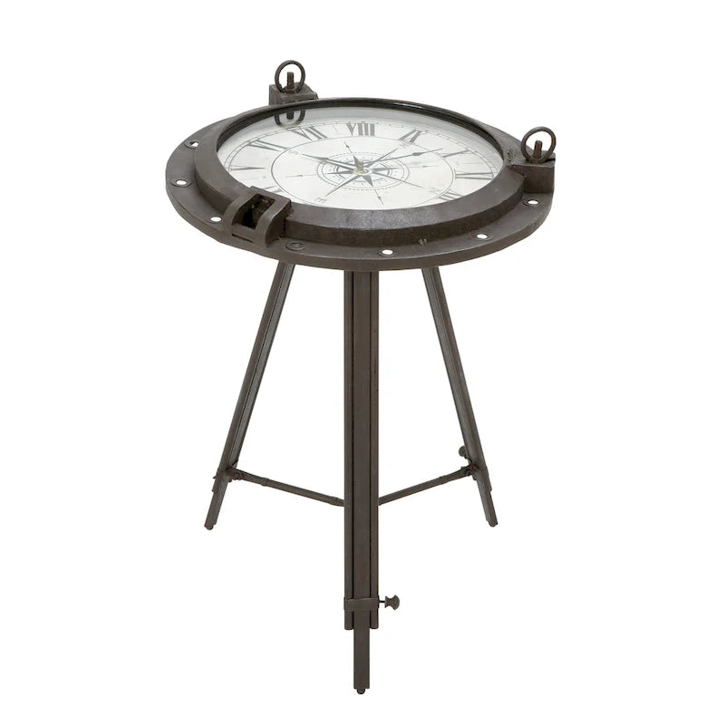 Tavolino d'appoggio Metal Compass con orologio e piano in vetro trasparente - Bianco o Nero - Roche River Decor