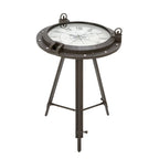 Tavolino d'appoggio Metal Compass con orologio e piano in vetro trasparente - Bianco o Nero - Roche River Decor