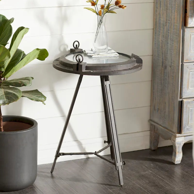Tavolino d'appoggio Metal Compass con orologio e piano in vetro trasparente - Bianco o Nero - Roche River Decor