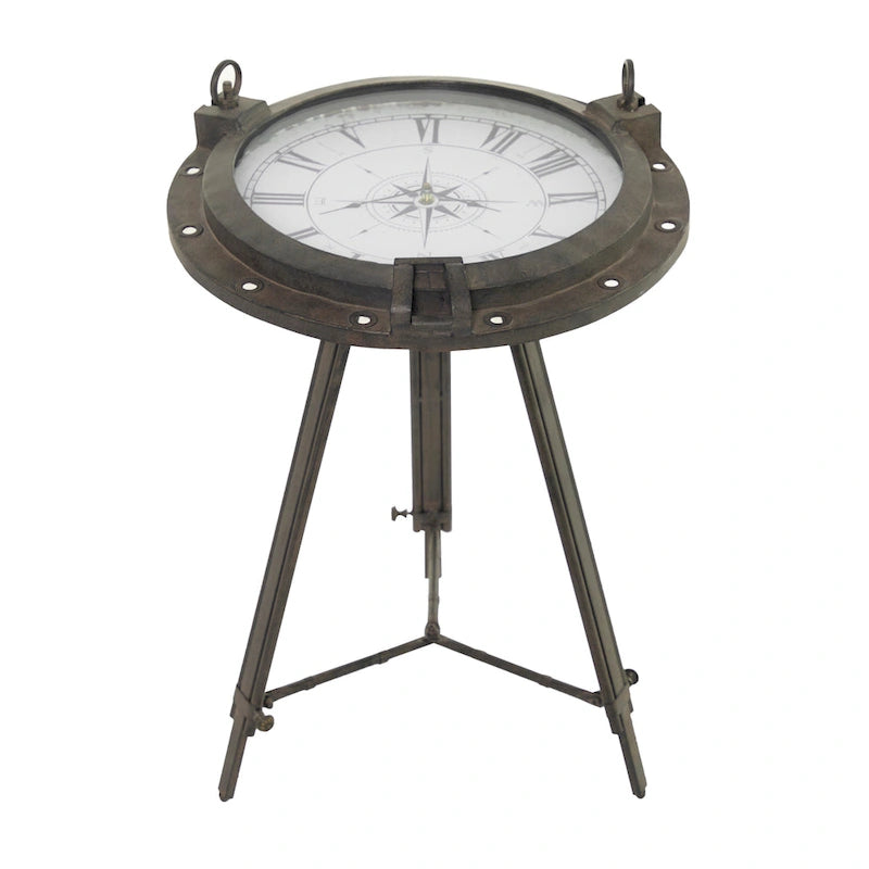 Tavolino d'appoggio Metal Compass con orologio e piano in vetro trasparente - Bianco o Nero - Roche River Decor