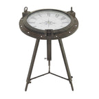 Tavolino d'appoggio Metal Compass con orologio e piano in vetro trasparente - Bianco o Nero - Roche River Decor