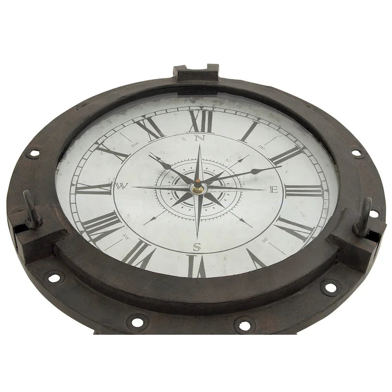 Tavolino d'appoggio Metal Compass con orologio e piano in vetro trasparente - Bianco o Nero - Roche River Decor