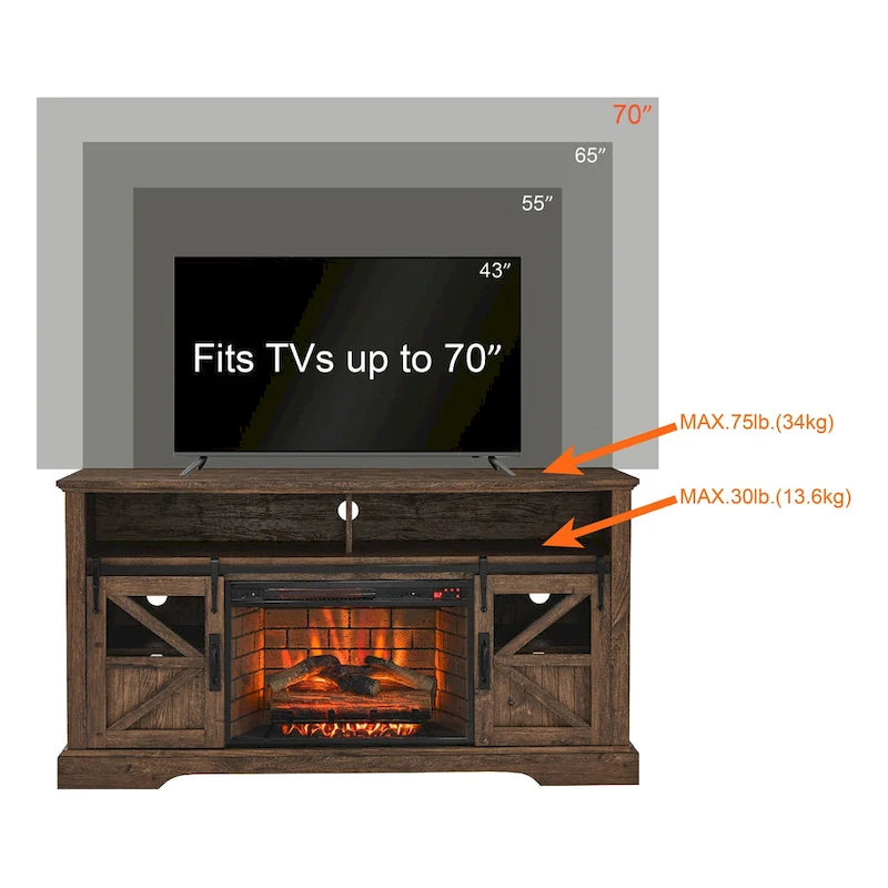 Mobile TV da 60 pollici in stile fattoria moderno con caminetto elettrico e centro di intrattenimento