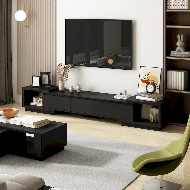 Mobile TV Allungabile Stile Moderno con 3 Cassetti Bianco/Nero 65.4-106.3