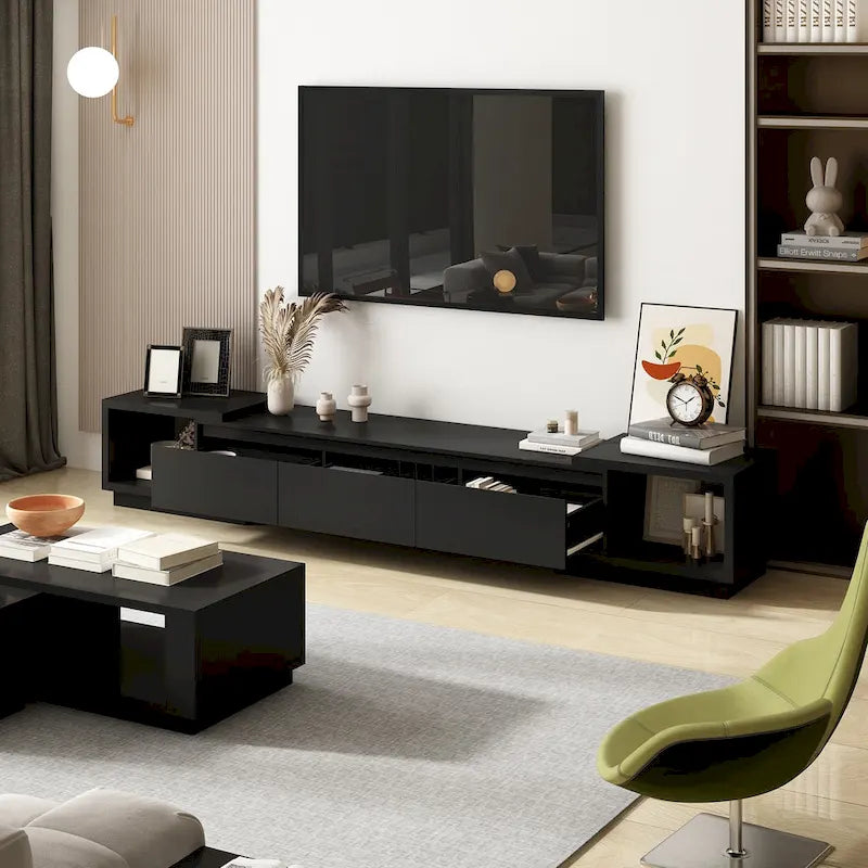 Mobile TV Allungabile Stile Moderno con 3 Cassetti Bianco/Nero 65.4-106.3