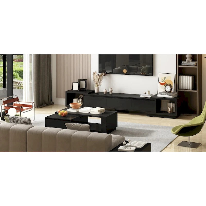 Mobile TV Allungabile Stile Moderno con 3 Cassetti Bianco/Nero 65.4-106.3