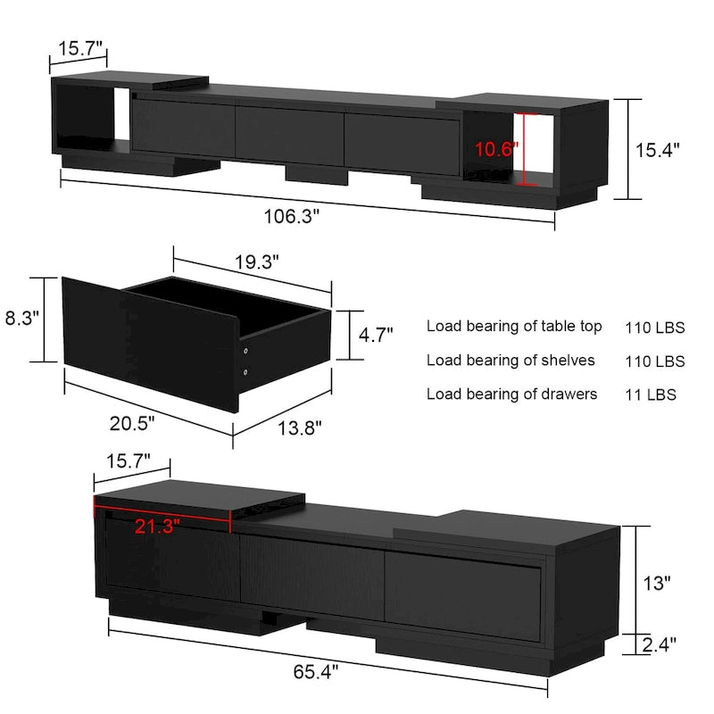 Mobile TV Allungabile Stile Moderno con 3 Cassetti Bianco/Nero 65.4-106.3