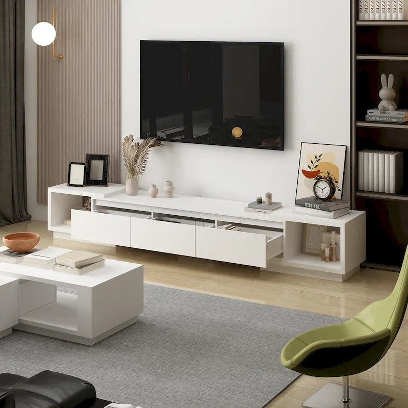 Mobile TV Allungabile Stile Moderno con 3 Cassetti Bianco/Nero 65.4-106.3