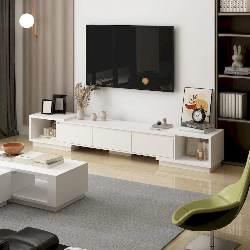 Mobile TV Allungabile Stile Moderno con 3 Cassetti Bianco/Nero 65.4-106.3