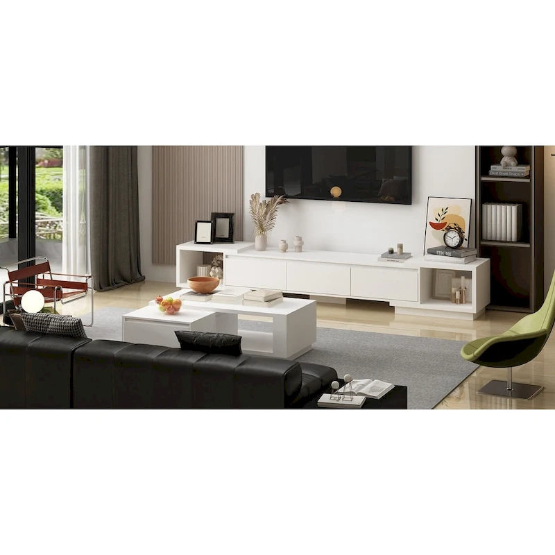 Mobile TV Allungabile Stile Moderno con 3 Cassetti Bianco/Nero 65.4-106.3