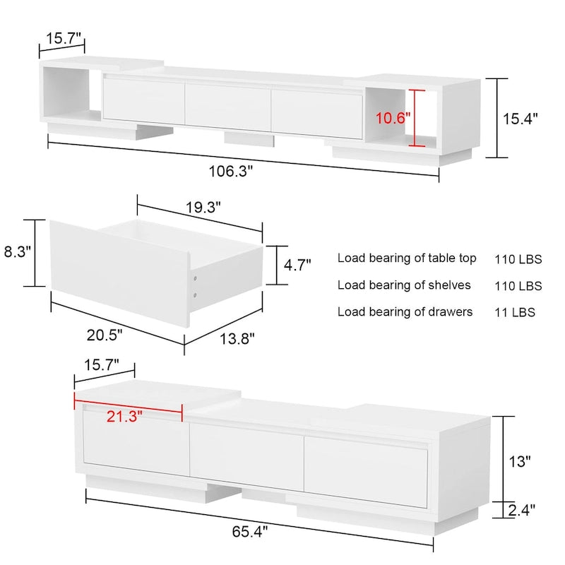 Mobile TV Allungabile Stile Moderno con 3 Cassetti Bianco/Nero 65.4-106.3