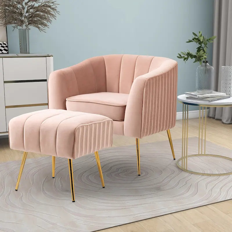 Poltrona a botte moderna in velluto con pouf