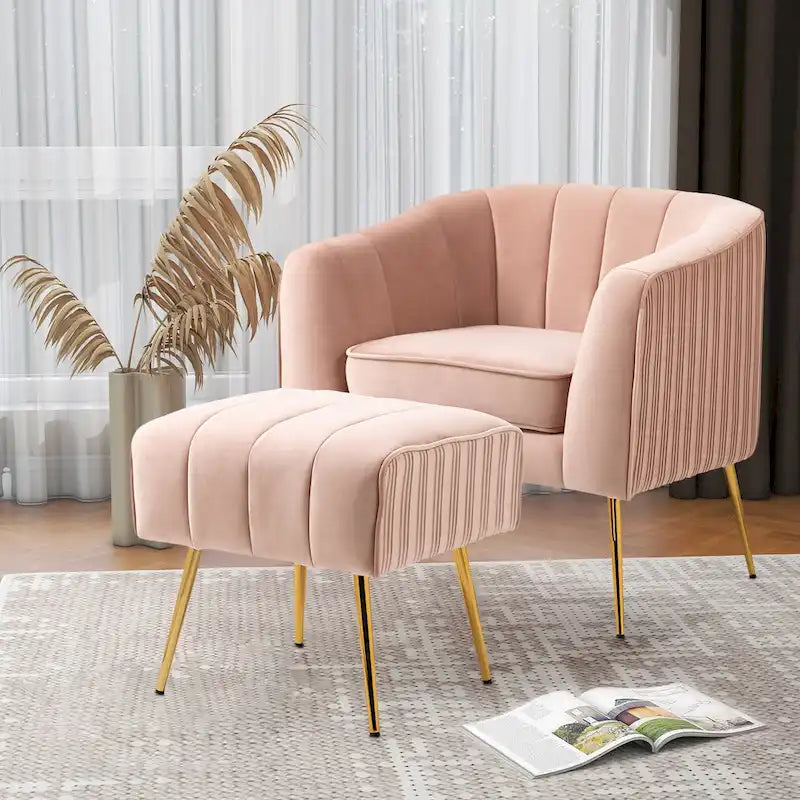 Poltrona a botte moderna in velluto con pouf
