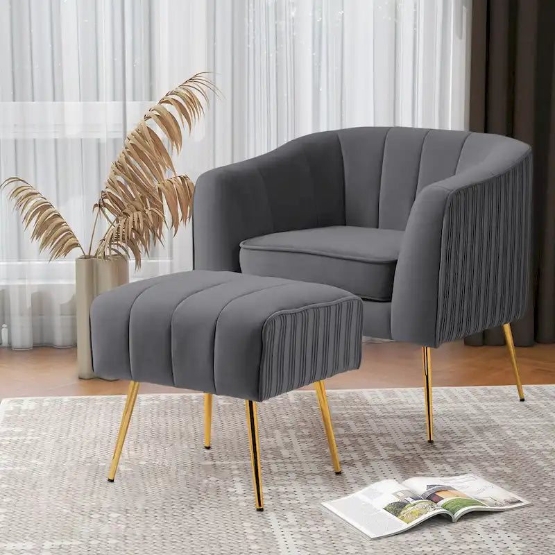 Poltrona a botte moderna in velluto con pouf
