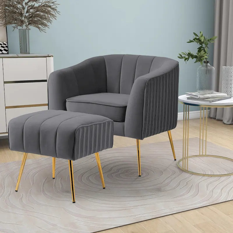 Poltrona a botte moderna in velluto con pouf