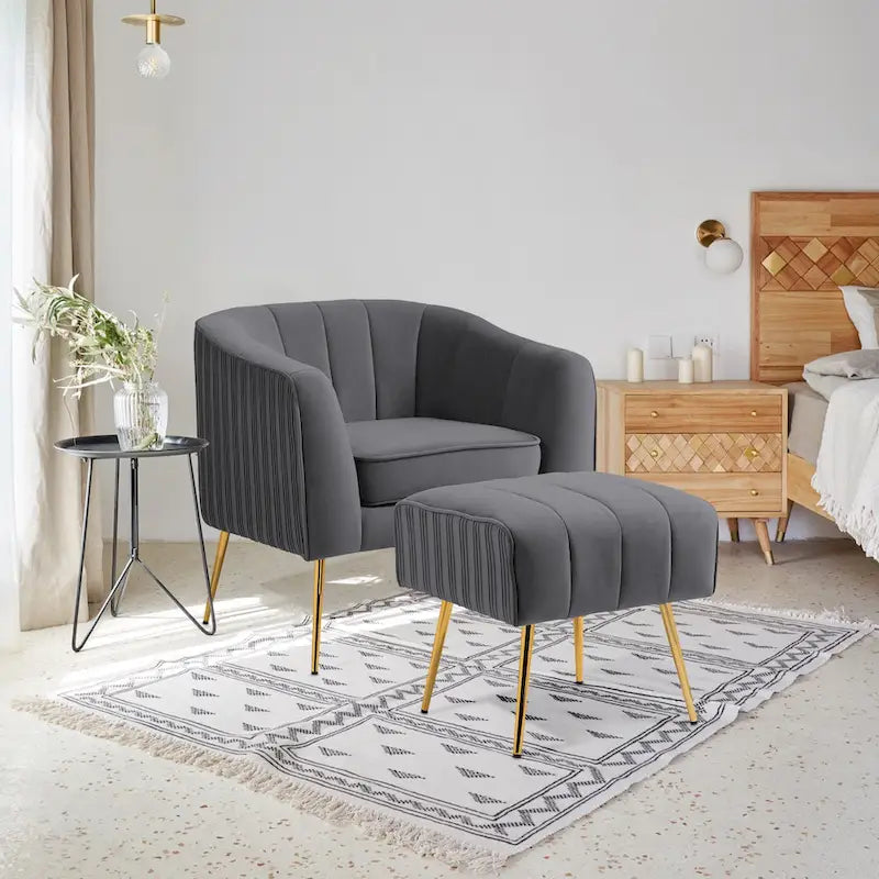 Poltrona a botte moderna in velluto con pouf