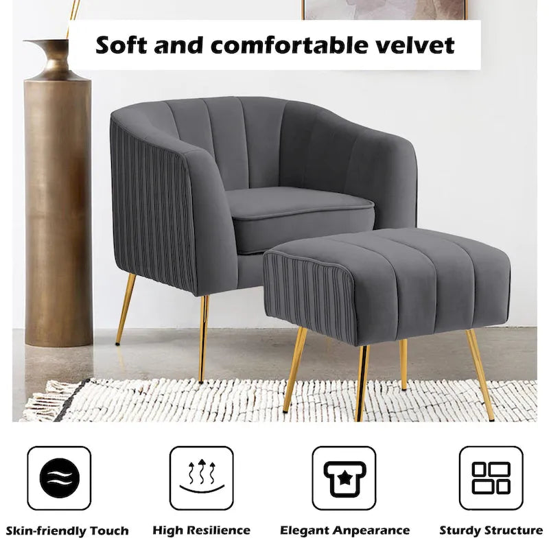 Poltrona a botte moderna in velluto con pouf