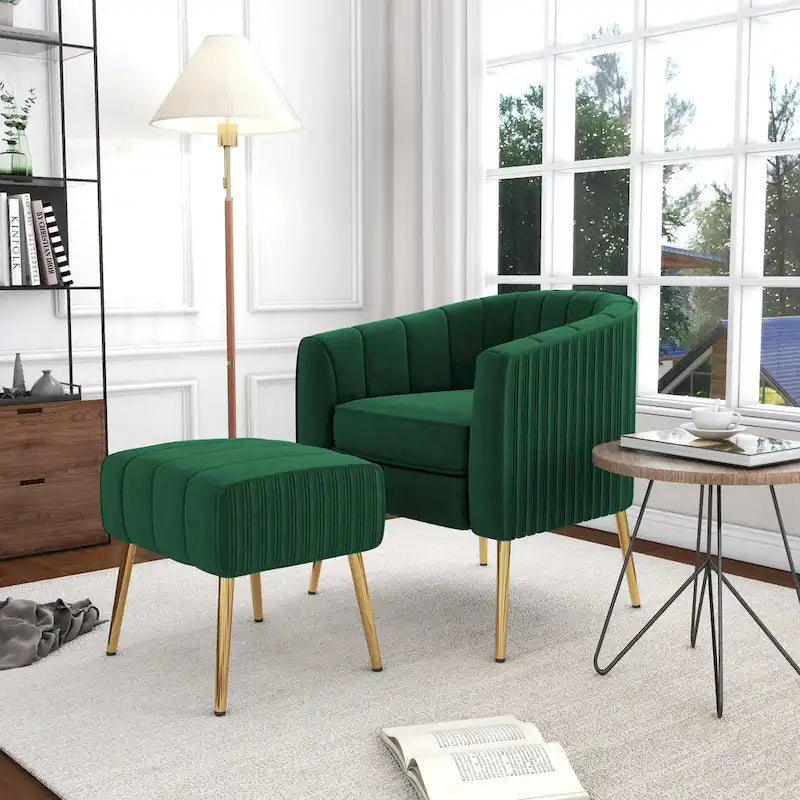 Poltrona a botte moderna in velluto con pouf