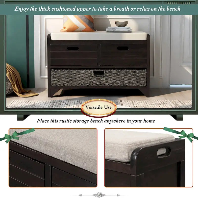 Panca contenitore in legno con cesto rimovibile e 2 cassetti per ingresso