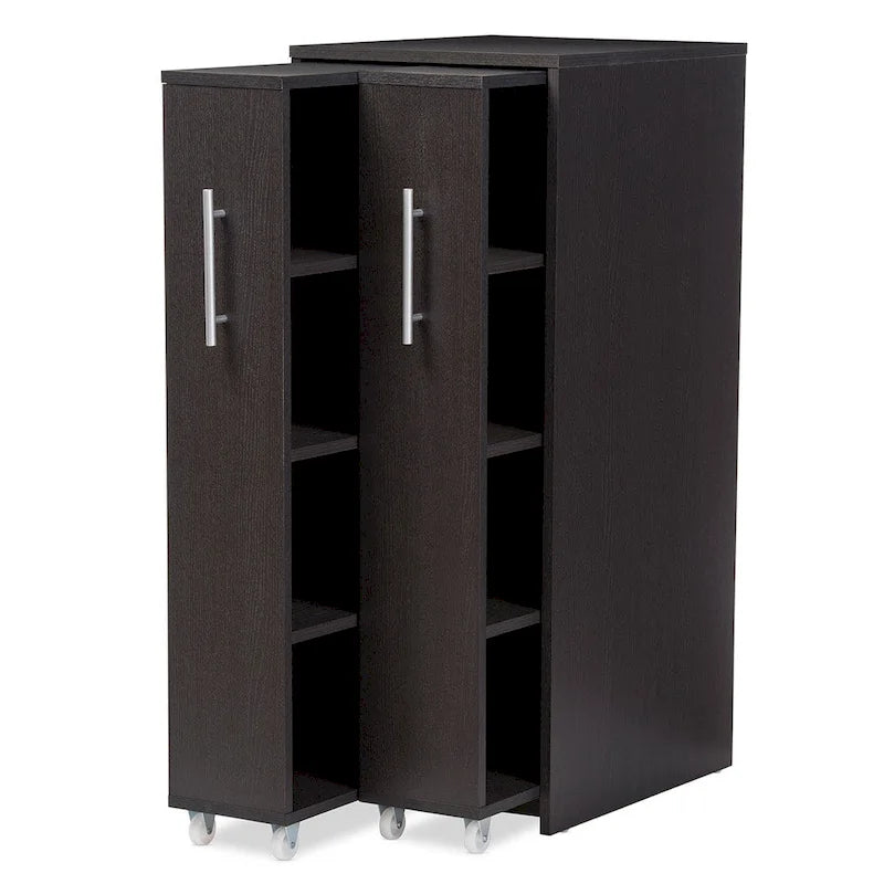 Libreria in legno marrone scuro con due ante a scomparsa, mobile contenitore con ripiani