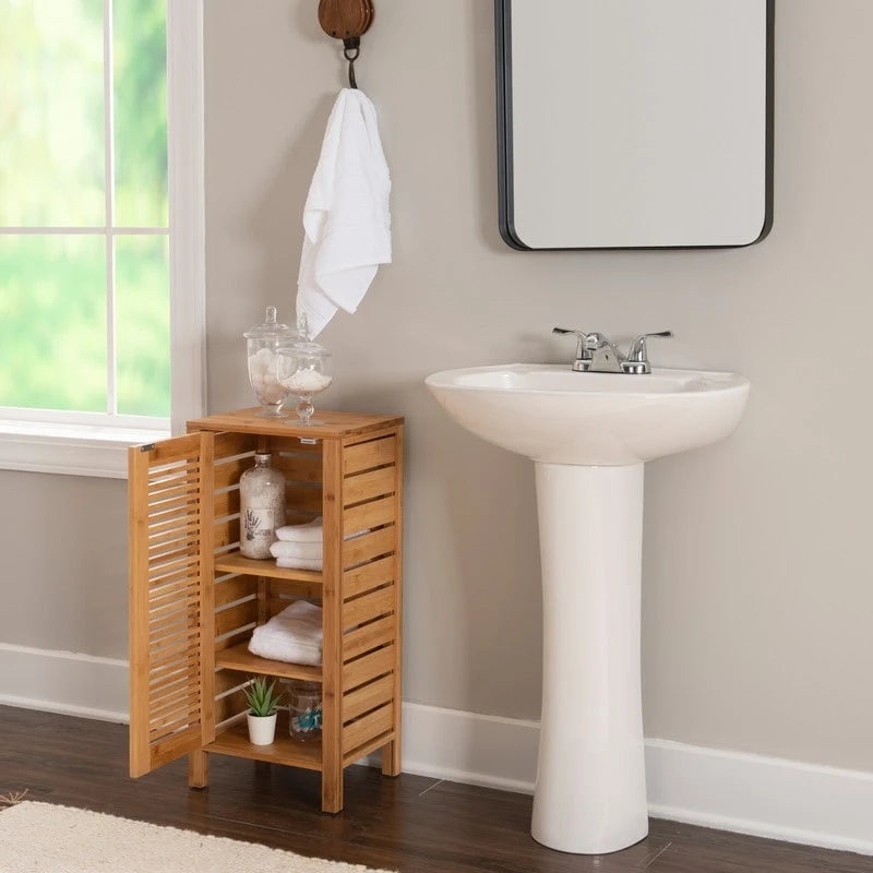 Mobiletto da Bagno in Bambù Massiccio con 3 Ripiani e Anta – 33 cm L x 28 cm P x 72 cm A, Finitura Naturale