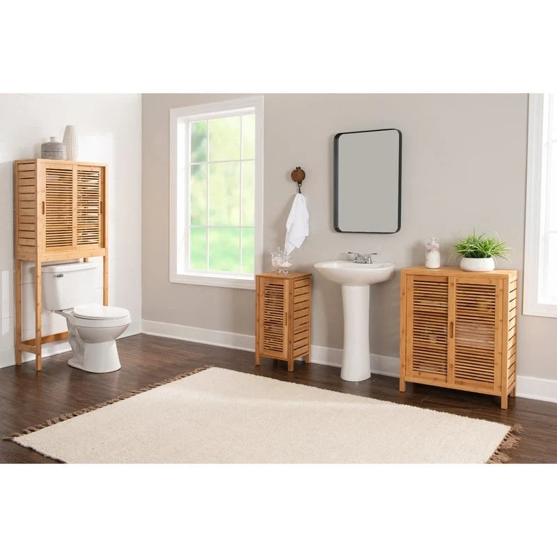 Mobiletto da Bagno in Bambù Massiccio con 3 Ripiani e Anta – 33 cm L x 28 cm P x 72 cm A, Finitura Naturale