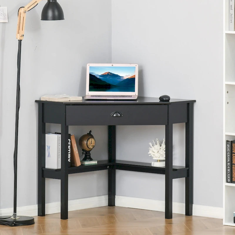 Scrivania angolare triangolare per computer con 2 ripiani e 1 cassetto – MDF, design a 90 gradi