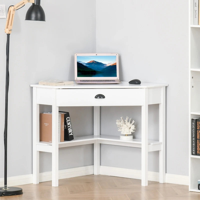 Scrivania angolare triangolare per computer con 2 ripiani e 1 cassetto – MDF, design a 90 gradi