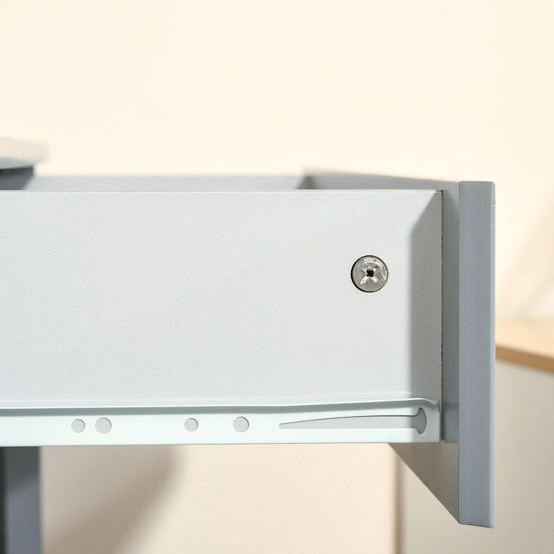 Scrivania angolare triangolare per computer con 2 ripiani e 1 cassetto – MDF, design a 90 gradi