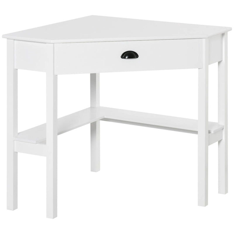 Scrivania angolare triangolare per computer con 2 ripiani e 1 cassetto – MDF, design a 90 gradi