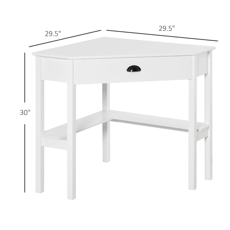 Scrivania angolare triangolare per computer con 2 ripiani e 1 cassetto – MDF, design a 90 gradi