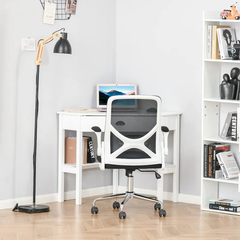 Scrivania angolare triangolare per computer con 2 ripiani e 1 cassetto – MDF, design a 90 gradi