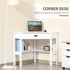 Scrivania angolare triangolare per computer con 2 ripiani e 1 cassetto – MDF, design a 90 gradi