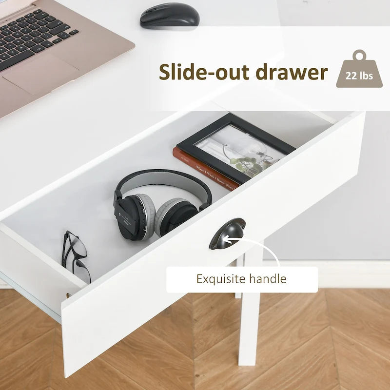 Scrivania angolare triangolare per computer con 2 ripiani e 1 cassetto – MDF, design a 90 gradi