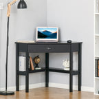 Scrivania angolare triangolare per computer con 2 ripiani e 1 cassetto – MDF, design a 90 gradi