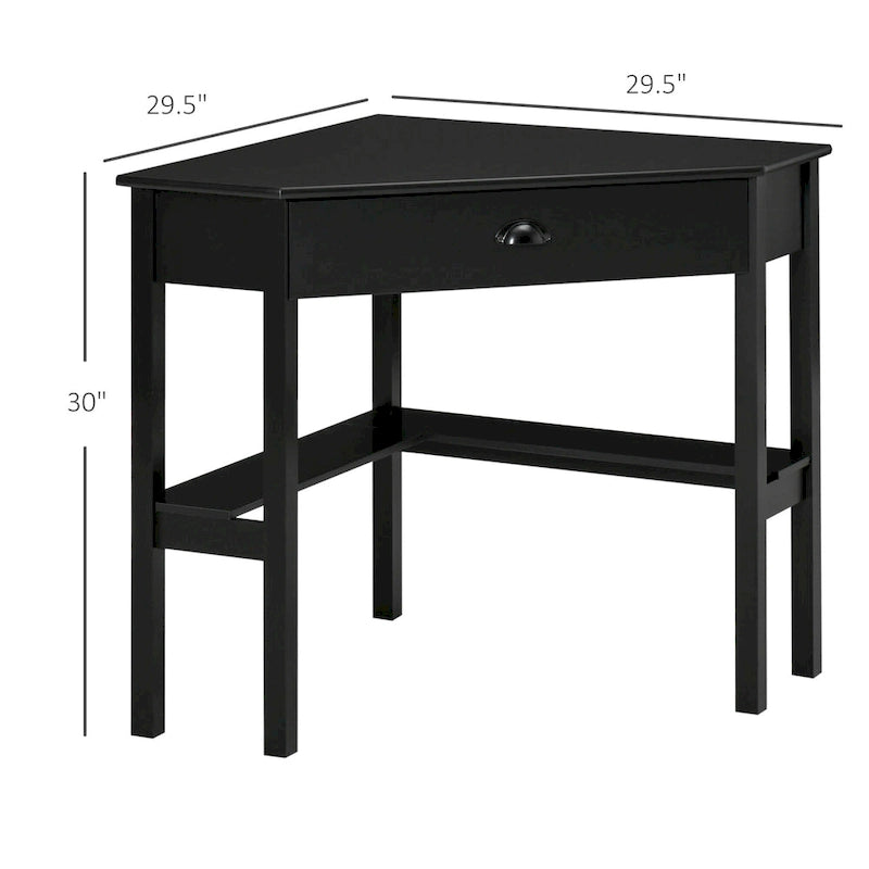 Scrivania angolare triangolare per computer con 2 ripiani e 1 cassetto – MDF, design a 90 gradi