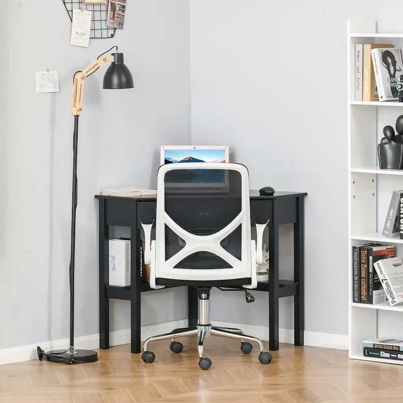 Scrivania angolare triangolare per computer con 2 ripiani e 1 cassetto – MDF, design a 90 gradi