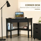 Scrivania angolare triangolare per computer con 2 ripiani e 1 cassetto – MDF, design a 90 gradi