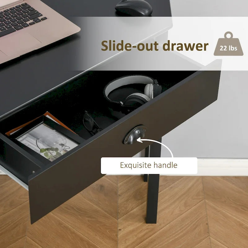 Scrivania angolare triangolare per computer con 2 ripiani e 1 cassetto – MDF, design a 90 gradi
