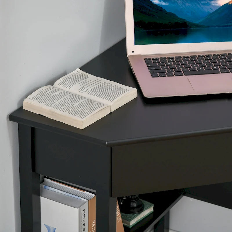 Scrivania angolare triangolare per computer con 2 ripiani e 1 cassetto – MDF, design a 90 gradi