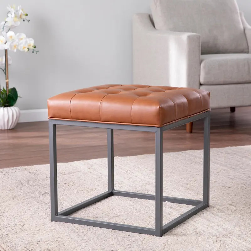 Mini Pouf Rotondo – Pelle Rigenerata Marrone Cuoio, Base in Metallo Grafite, Cubo da 18"