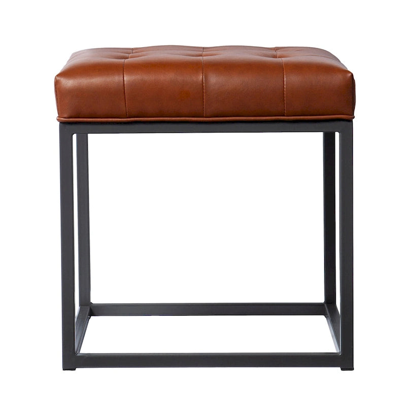 Mini Pouf Rotondo – Pelle Rigenerata Marrone Cuoio, Base in Metallo Grafite, Cubo da 18"