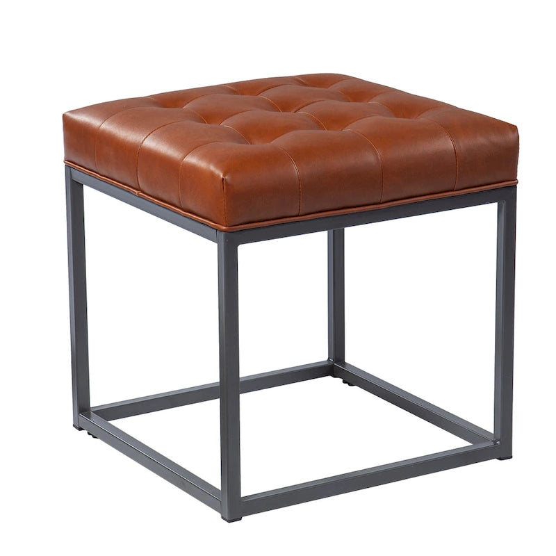 Mini Pouf Rotondo – Pelle Rigenerata Marrone Cuoio, Base in Metallo Grafite, Cubo da 18"