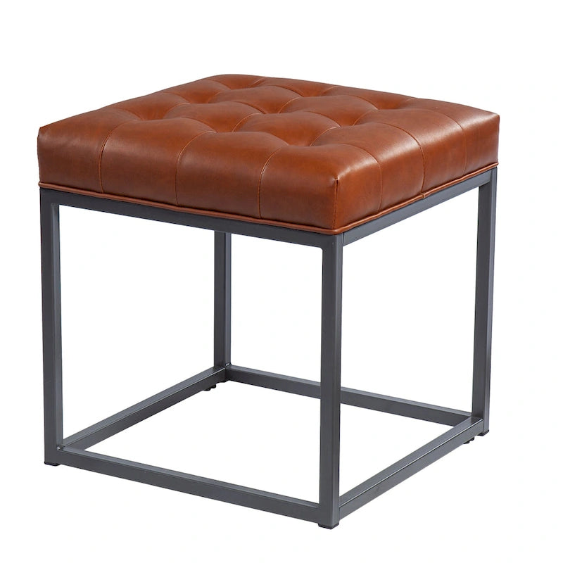 Mini Pouf Rotondo – Pelle Rigenerata Marrone Cuoio, Base in Metallo Grafite, Cubo da 18"