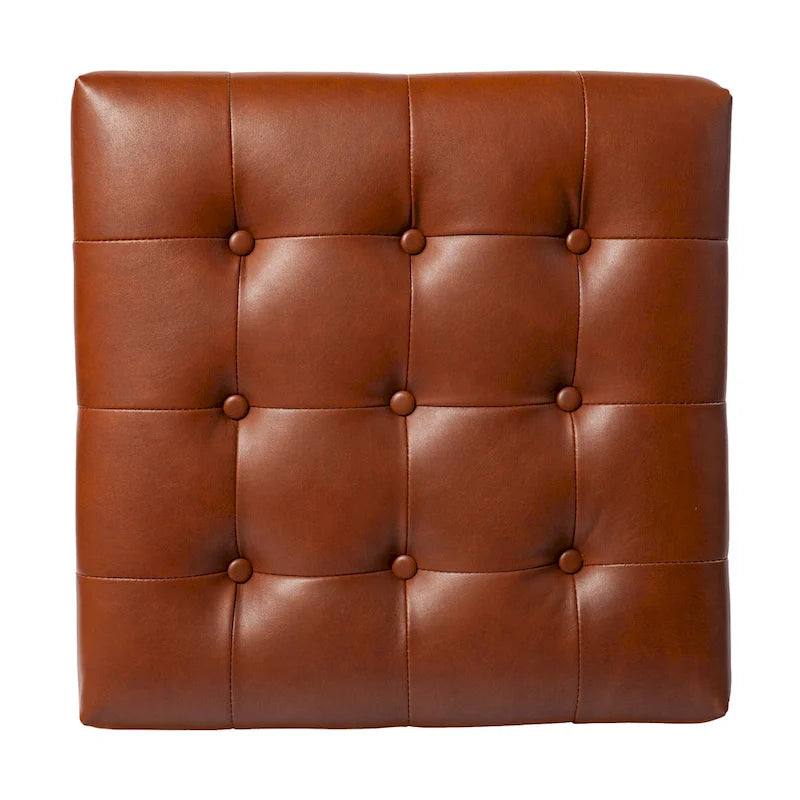 Mini Pouf Rotondo – Pelle Rigenerata Marrone Cuoio, Base in Metallo Grafite, Cubo da 18"