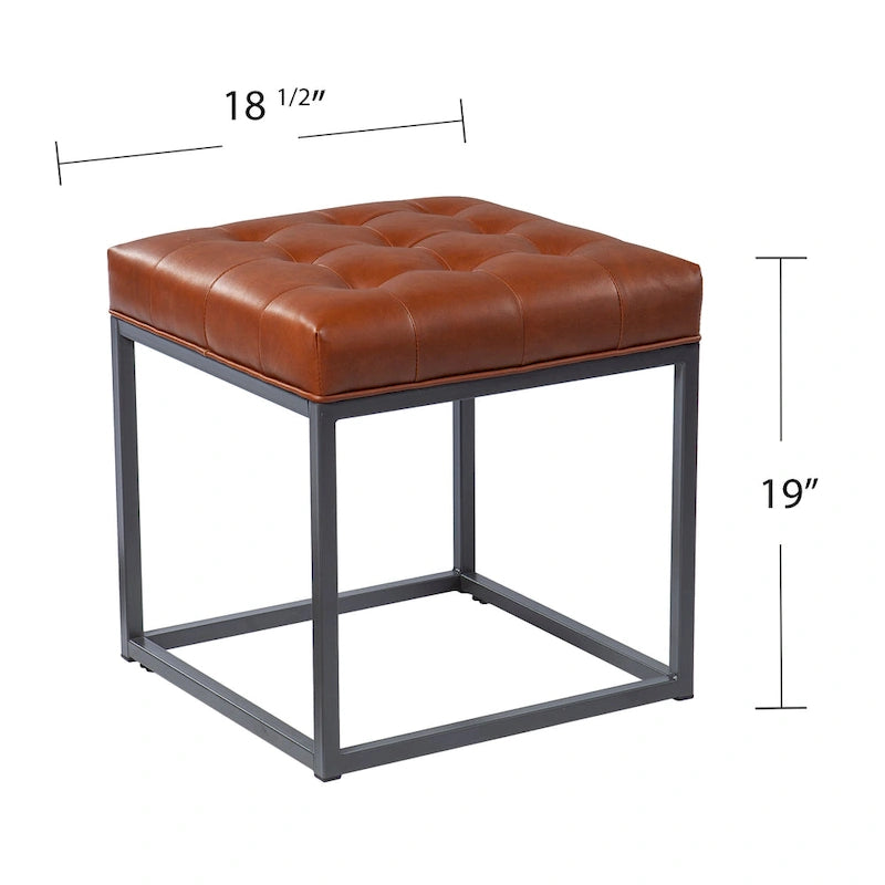 Mini Pouf Rotondo – Pelle Rigenerata Marrone Cuoio, Base in Metallo Grafite, Cubo da 18"