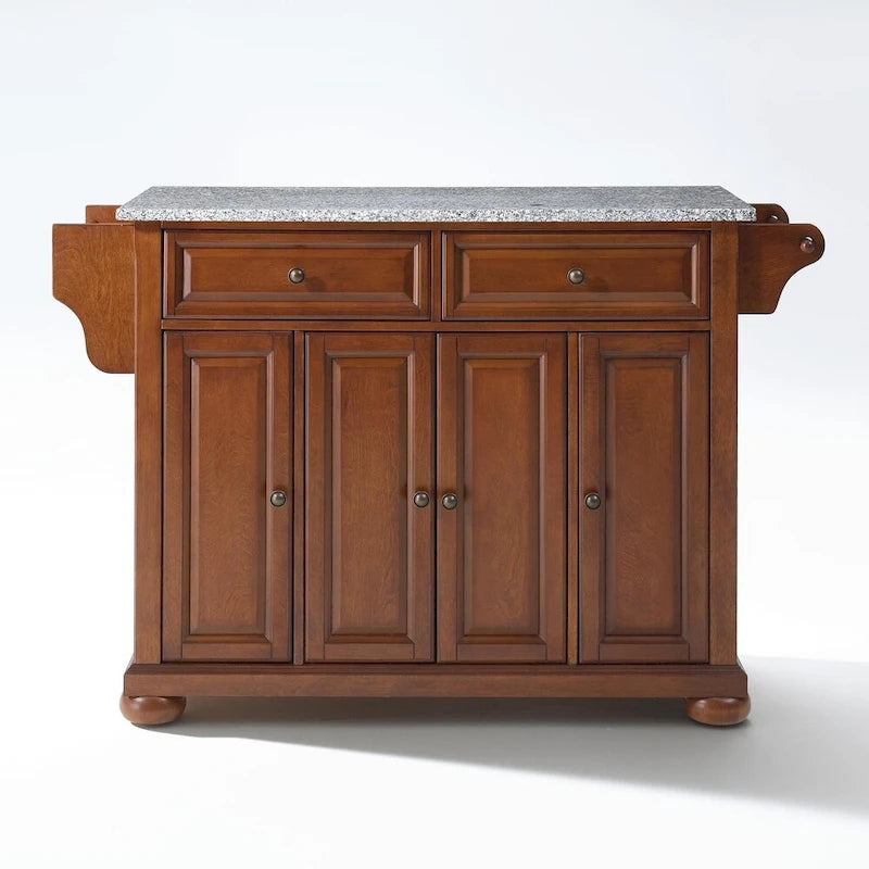 Carrello da cucina con isola con piano in granito massiccio e ante con pannelli rialzati con finitura ciliegio classico