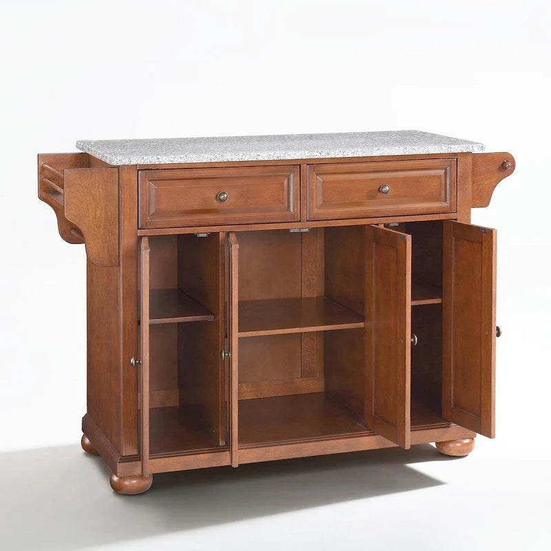 Carrello da cucina con isola con piano in granito massiccio e ante con pannelli rialzati con finitura ciliegio classico