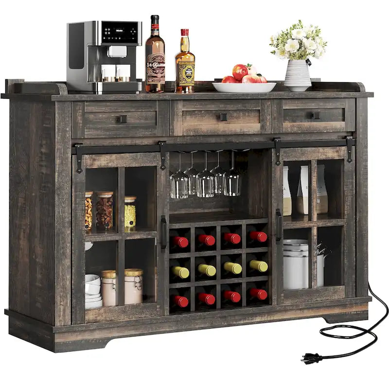 Credenza scorrevole in stile rustico con portabottiglie e stazione di ricarica