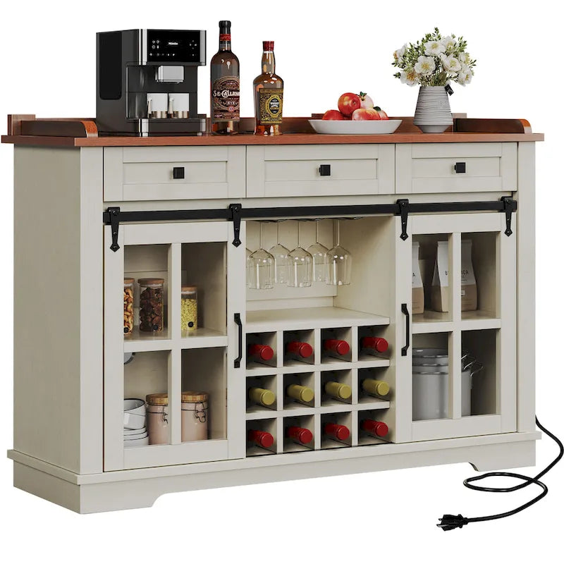 Credenza scorrevole in stile rustico con portabottiglie e stazione di ricarica